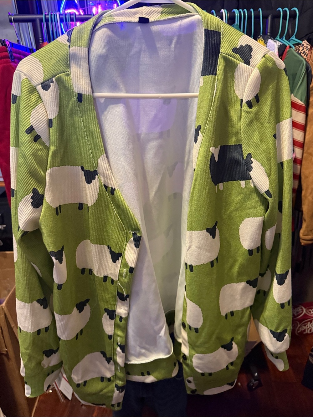 Womens Green Sheep-Print Cardigan Jacket